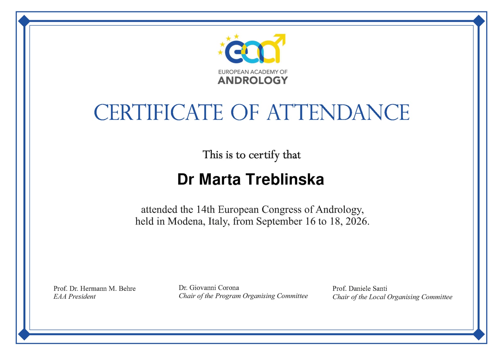 European Academy of Andrology – 14th European Congress of Andrology, Certificate of Attendance