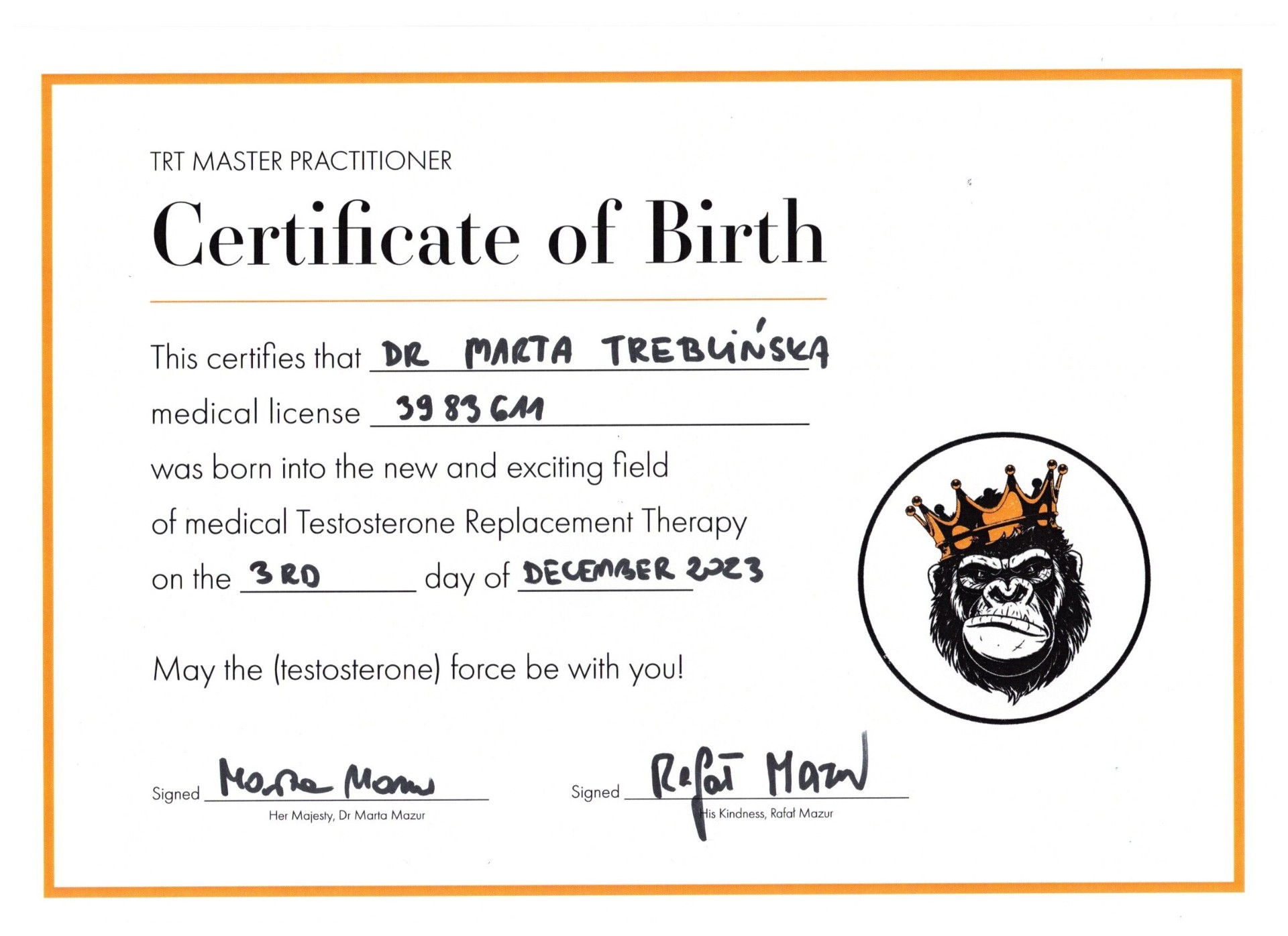 TRT Master Practitioner Certificate